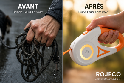 Laisse rétractable ROJECO 5 m pour chien – Promenade jour et nuit
