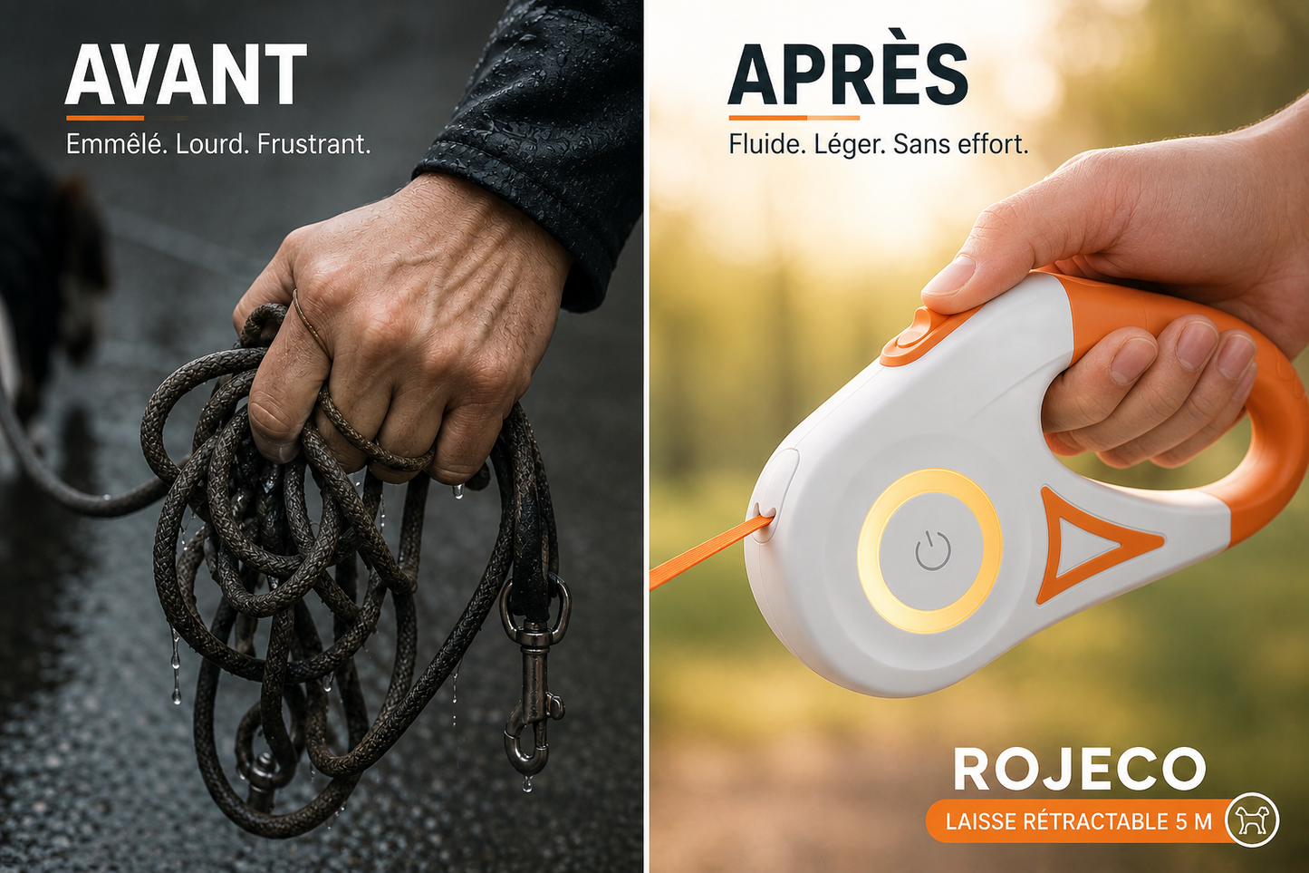 Laisse rétractable ROJECO 5 m pour chien – Promenade jour et nuit