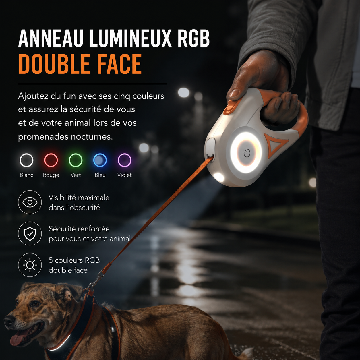 Laisse rétractable ROJECO 5 m pour chien – Promenade jour et nuit